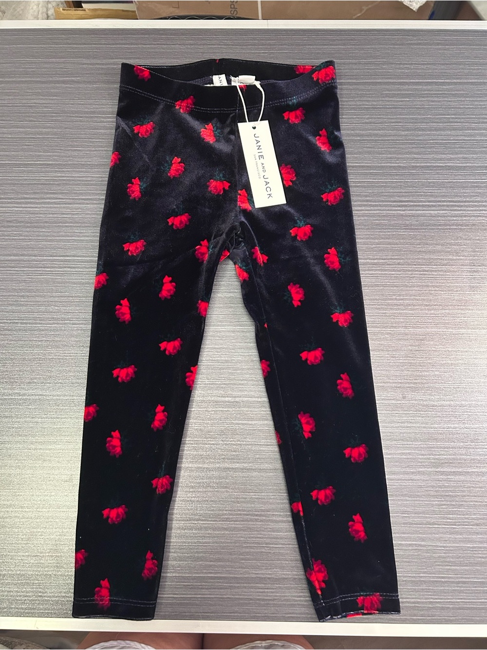 NWT Janie and Jack Girls' Black Velvet Leggings with Red Floral Accents